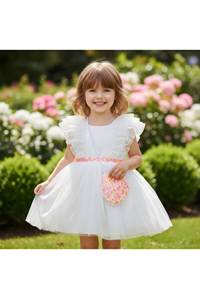 Cumino Kız Çocuk Beyaz Tüllü Prenses Elbise – Çiçek Kemerli-Fırfır Omuzlu-Çan...