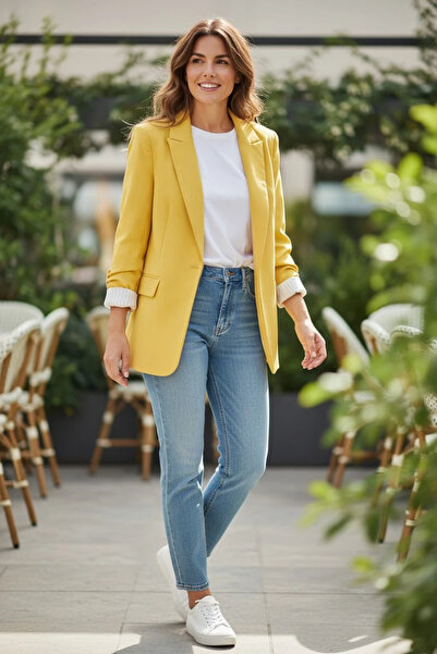 modayiğit Sarı astarlı şık kadın blazer ceket