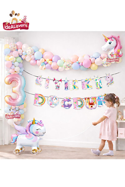 Laviyosa Σετ γενεθλίων Unicorn με ρόδες – Αλυσίδα μπαλονιών μακαρόν με συρόμε...