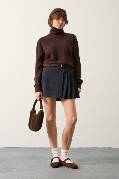 SHILSEE BEUTİQUE Women's Plaid Belted Pleated Short Skirt Navy Blue