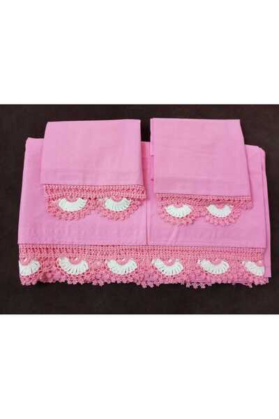 MOR TIRTIL Handcrafted Lace Pink Double Bed Sheet and 2 Pillowcases as a Dowr...