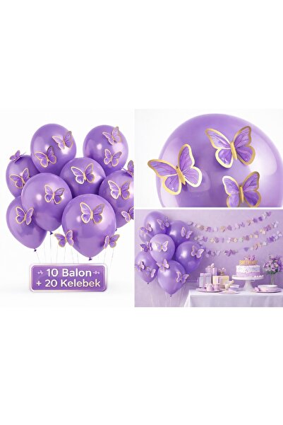 BKMC PARTY Soft 3D Kelebekli Balon Seti – 10 Balon + 20 Kelebek Doğum Günü Parti Seti Süsü