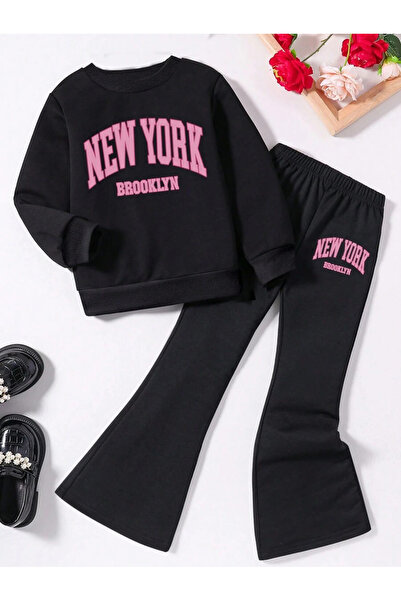 cc collection Girl's Black New York Printed Two-Piece Set – Sweatshirt & Flar...