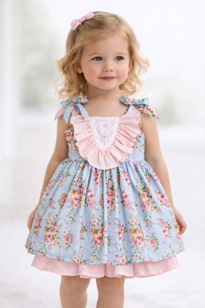 Ministil-bebeğinizin ilk stili Girl's Blue Floral Strap Dress Ruffle Lace Det...