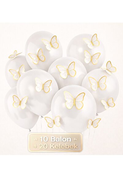 BKMC PARTY Soft 3D Kelebekli Balon Seti – 10 Balon + 20 Kelebek Doğum Günü Pa...
