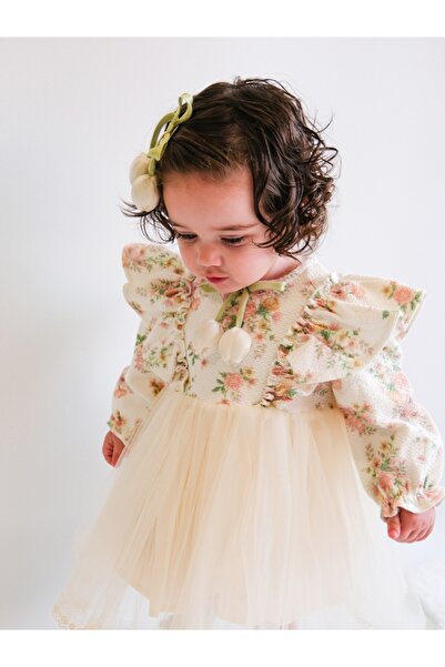 Cumino Kız Çocuk Çiçek Desenli Uzun Kollu Fiyonklu Çiçek Desenli Elbise