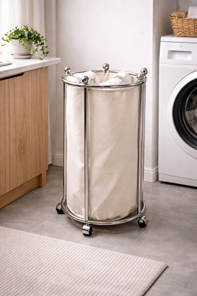 TrentonGCC Metal Frame Canvas Laundry Basket Beige Modern Minimalist Rolling ...