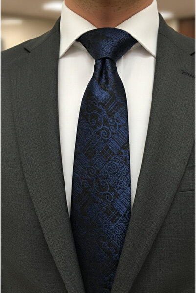 Gutiero Navy Blue Patterned Classic Tie with Handkerchief