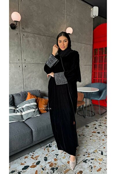 Warazan Velvet winter abaya with beaded embroidery on the sleeves