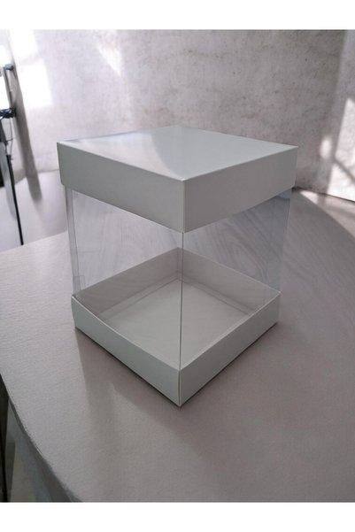 BOXSTATION Pasta_çeyiz_hediye 25x25x30 Asetatlı Kutu 1 Adet Kraft/Beyaz