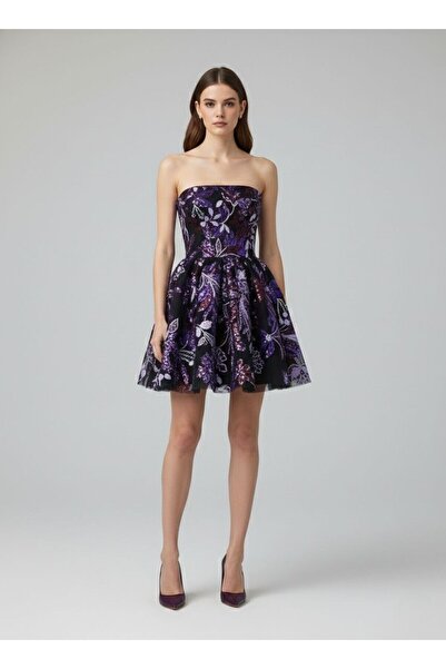 Tangül&Ali'S Moda Evi Mor İşlemeli Straplez Mini Elbise