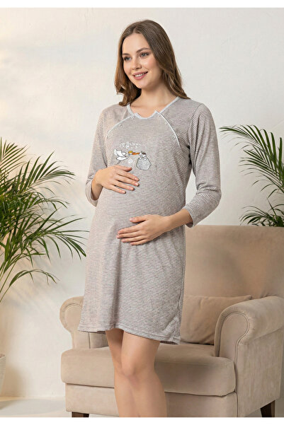 embody Maternity Nightdress cotton, nursing opening pink/grey 3177