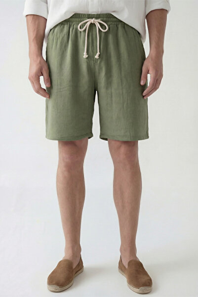 Veleno Men's Khaki Lightweight Casual Linen Muslin Shorts with Double Cuffs a...