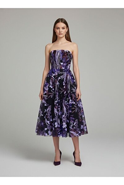 Tangül&Ali'S Moda Evi Mor İşlemeli Midi Elbise