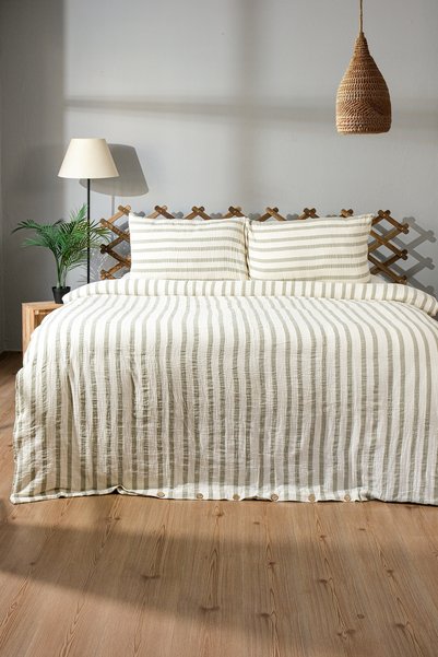 Befera Design Muslin 100% Cotton Single Washable Duvet Cover Set Non-Ironing Green Striped