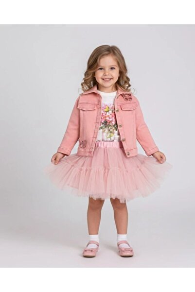 Cumino Kız Çocuk Pembe Kot Ceketli & Astarlı Tül Etekli & Çiçek Baskılı Parla...