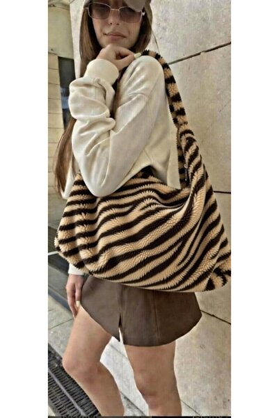 themoiss Zebra Pattern Plush Fabric Casual Large Size Women's Shoulder Bag
