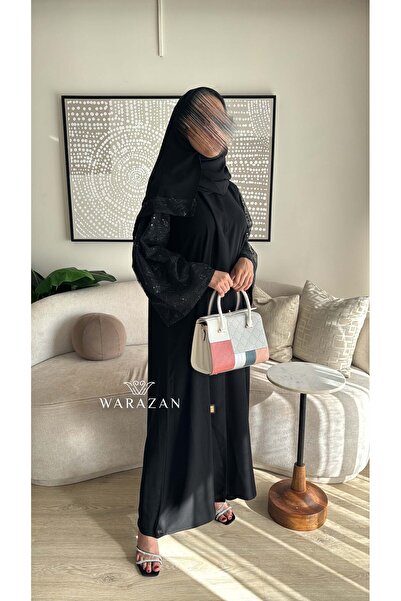 Warazan Black abaya with embroidered tulle fabric