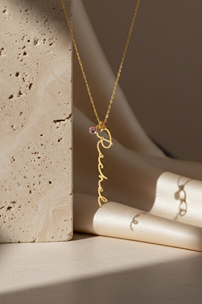 luvee Doğum Taşlı Dik İsim Kolye (925 Ayar Orijinal Gümüş Uç - Altın/Gümüş Ka...