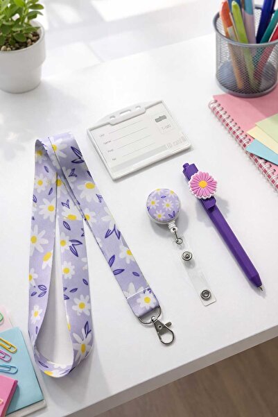 excarpin Mor Papatya Desenli Dörtlü Hediye Seti | Boyun İpi, Yoyo, Kart Kabı,...