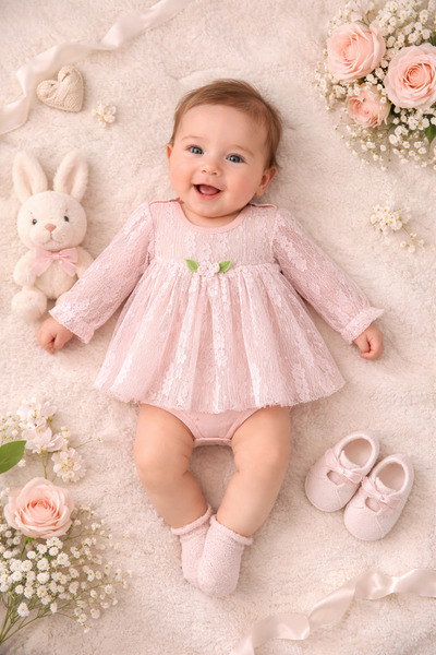 Ozz Baby PREMİUM YENİDOĞAN KIZ BEBEK (0-3) (3-6 ) AY DANTELLİ BADİ ELBİSE (HE...