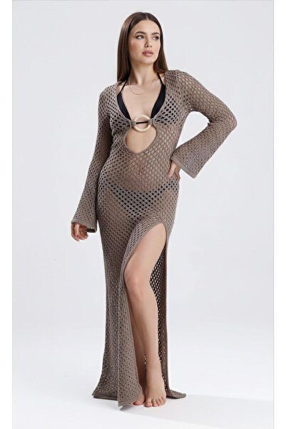 moda mh Wooden Ring Detail Beige Knitwear Dress