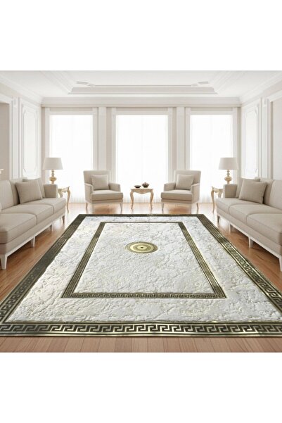 deco marié Beyaz Zeminli Merkez Altın Motifli Çerçeveli Peluş Halı