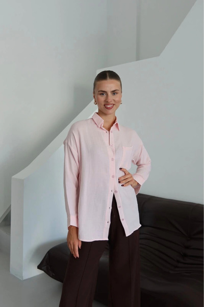 ZENGEZUR MALL Storozal Single Pocket Muslin Shirt Pink Pt (132529) (Size: m)