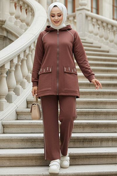 N.S NEVA STYLE Hooded Brown Hijab Double Set 20113Kh