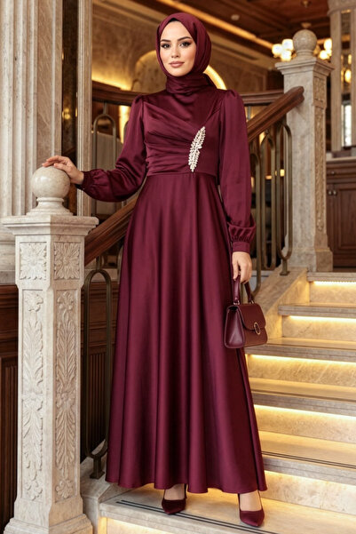 N.S NEVA STYLE Rochie de seară din satin, cu drapaj, detaliată, bordeaux, sti...