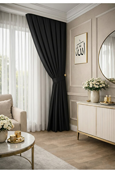 NS Ehli Tacir Black Pleated Background Curtain Honeycomb Velvet Textured High...