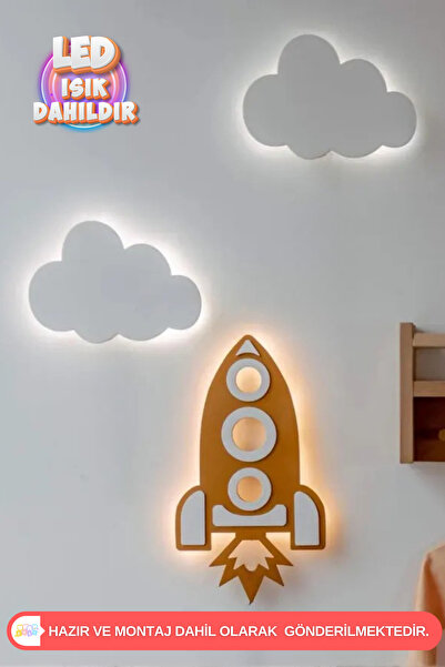 UmayBabyDekor 1 Adet Roket 2 Adet Bulut Gece Lambası Bebek Çocuk Odası Duvar ...