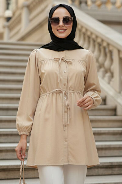 N.S NEVA STYLE Buttoned Beige Hijab Tunic 20287Bej