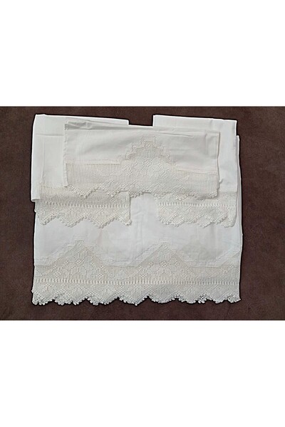 MOR TIRTIL ملاءة سرير بيضاء مزدوجة مصنوعة يدويًا من الدانتيل و3 قطع من أغطية ...