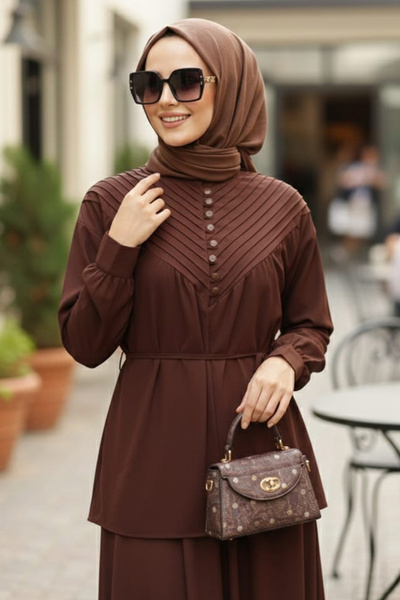 N.S NEVA STYLE Brown Hijab Tunic with Pile Detail 19302Kh