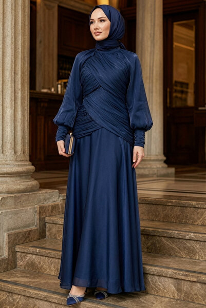 N.S NEVA STYLE Drape Detailed Navy Blue Hijab Evening Dress 55821L