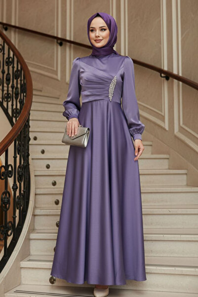 N.S NEVA STYLE Rochie de seară din satin, cu drapaj, detaliată, liliac, stil ...