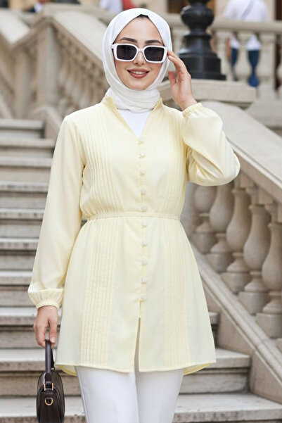 N.S NEVA STYLE Pile Detailed Yellow Hijab Tunic 20299Sr