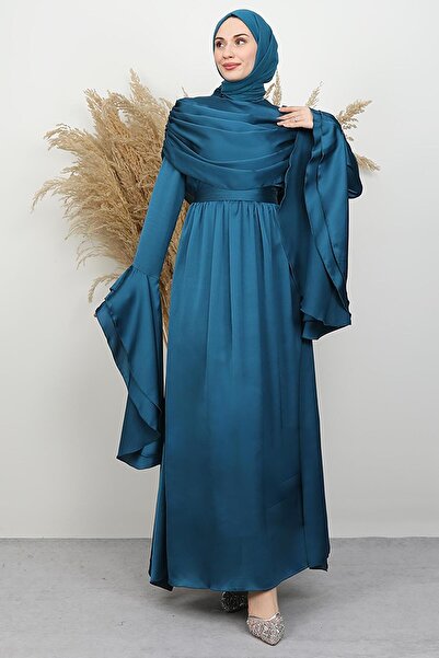 GİYZAMİLA Rozalin Satin Evening Dress Petrol