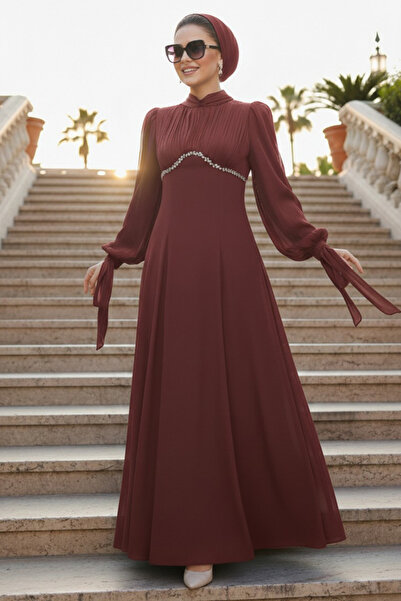 N.S NEVA STYLE Rochie de seară maro cu mărgele, stil hijab 55701KH