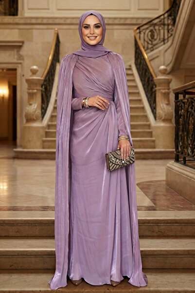 N.S NEVA STYLE Lilac Hijab Evening Dress with Cape 54391Lila