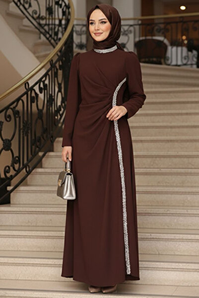 N.S NEVA STYLE Drape Detailed Dark Brown Hijab Evening Dress 48561Kkh