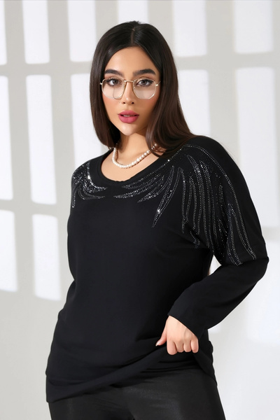Bİ.GİYSEN Women's Black Crew Neck Shoulders Crystal Stone Embroidered Lycra S...