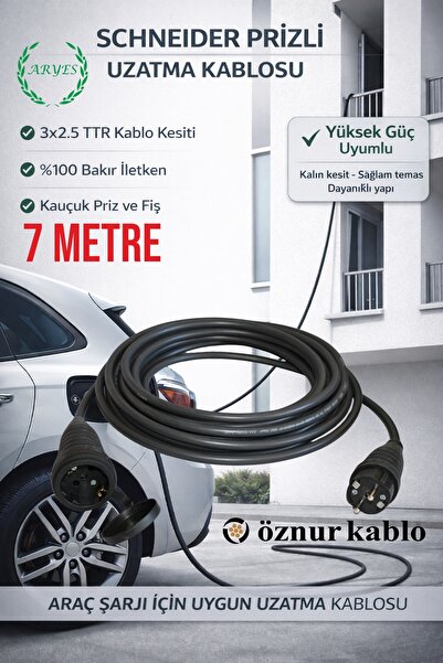 Aryes Tam Bakır 7 Metre Uzatma Kablosu 3x2.5 TTR Schneider Kauçuk Fiş Priz 3....