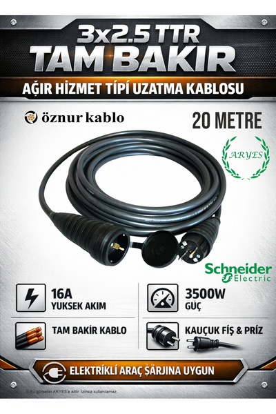 Aryes Tam Bakır 20 Metre Uzatma Kablosu 3x2.5 TTR Schneider Kauçuk Fiş Priz 3...