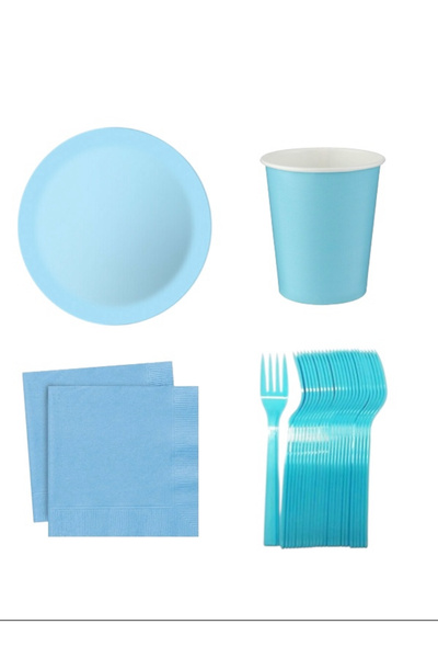 CAVAŞ sun hat مجموعة حفلات اللون الأزرق لـ 8 أشخاص - تتضمن صحن، كأس، منديل وش...