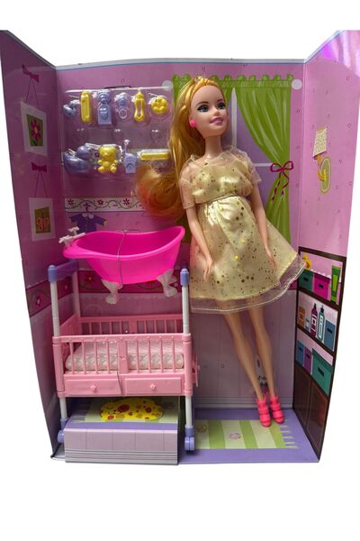 ADIRI SHOP Păpușă Gravida „Hayley” cu Set Bebeluș – Pătuț, Cadă și Masă de În...