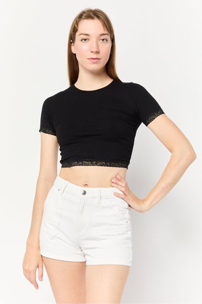 Don't Call Me Jennyfer Women Round Neck Short Sleeve Ribbed T-Shirt, Black