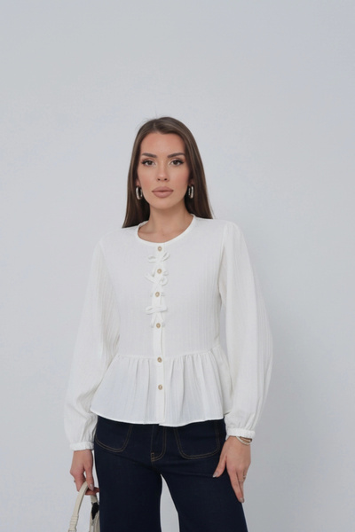 URİS Women's ecru button-down long sleeve shirt blouse with bow detail