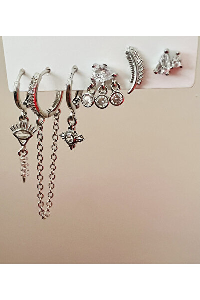 ACAR TAKI 6-Piece Earring Set with Eye Details, Chain Pendants, and Leaf Desi...